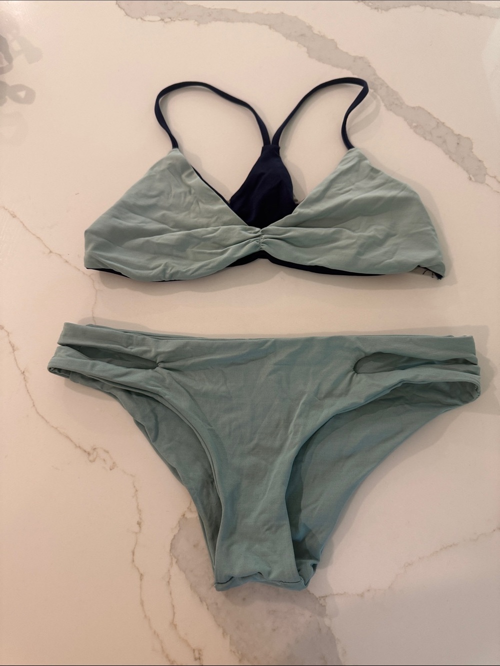 Light Blue and Navy Bikini Set with Reversible Top